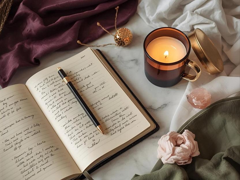 An open journal with a pen, a lit candle and a pink rose beside plum fabric